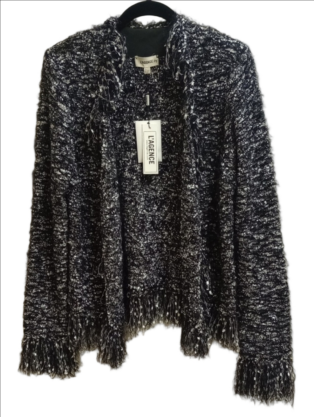🆕 L'AGENCE "EYELASHES" BLACK & SILVER TEXTURED BOUCLE FRINGE JACKET CARDIGAN - Picture 2 of 15